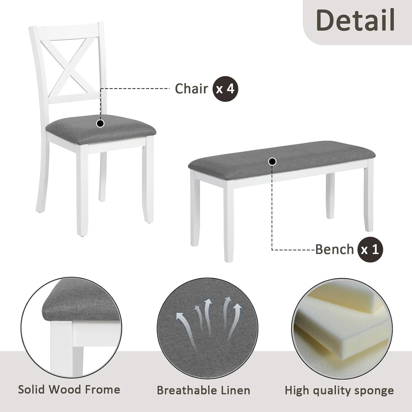 Ball & Cast 6 Piece Dining Table Set with 4 Upholstered Chairs & 1 Bench,Wooden Living Room Furniture for 6 W/ 58.5" Rectangle Kitchen Desk,for Dining Room,Home Bistro,Apartment,White+Gray