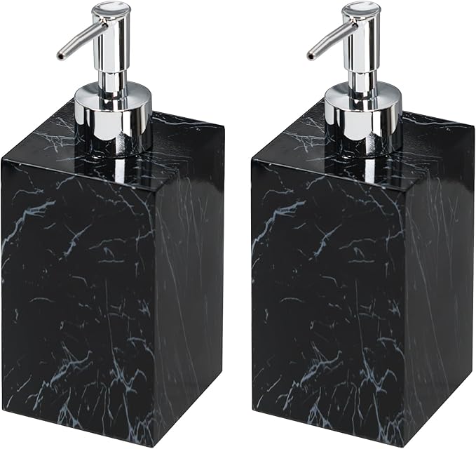 2-Pack Marble Look Resin Soap Dispensers, 16.9 oz Refillable Lotion Pump Bottles for Bathroom, Kitchen, Vanity, Office Sink Countertops – Durable, Moisture-Resistant Home Décor (Black)