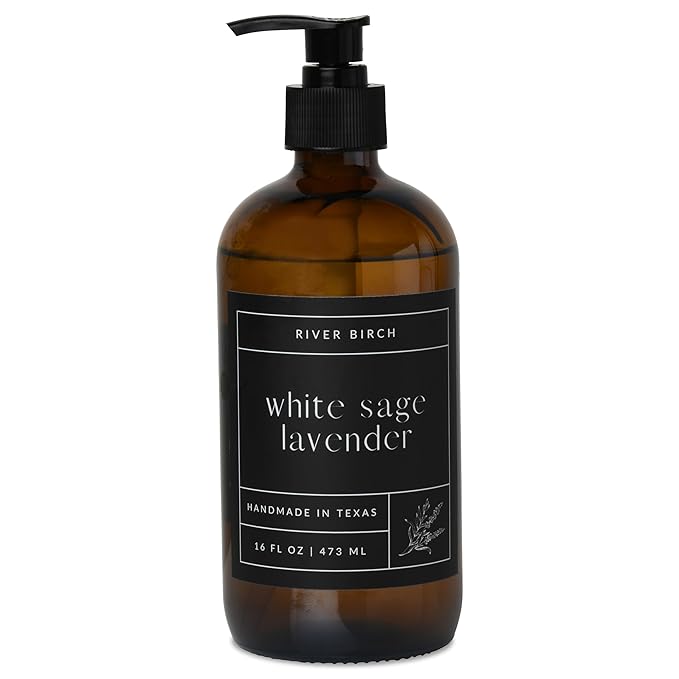River Birch White Sage Lavender Scented Natural Hand Soap -Handmade Soap -Moisturizing Hand Wash with Amber Glass Dispenser - Luxury Scented Hydrating Hand Soap - Vegan and Non Toxic -16 Fl Oz