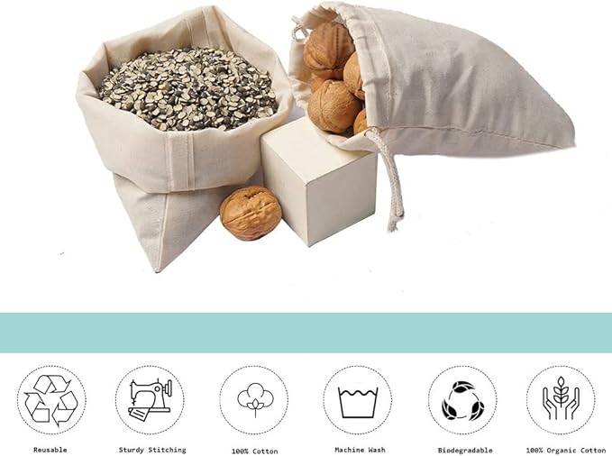 100Pcs 5 x 7 Inches Premium Cotton Muslin Double Drawstring Bags, Reusable Bag Natural Cotton Bags with Drawstring Produce Bags Bulk Gift Bag Jewelry Pouch for Party Wedding Home Storage