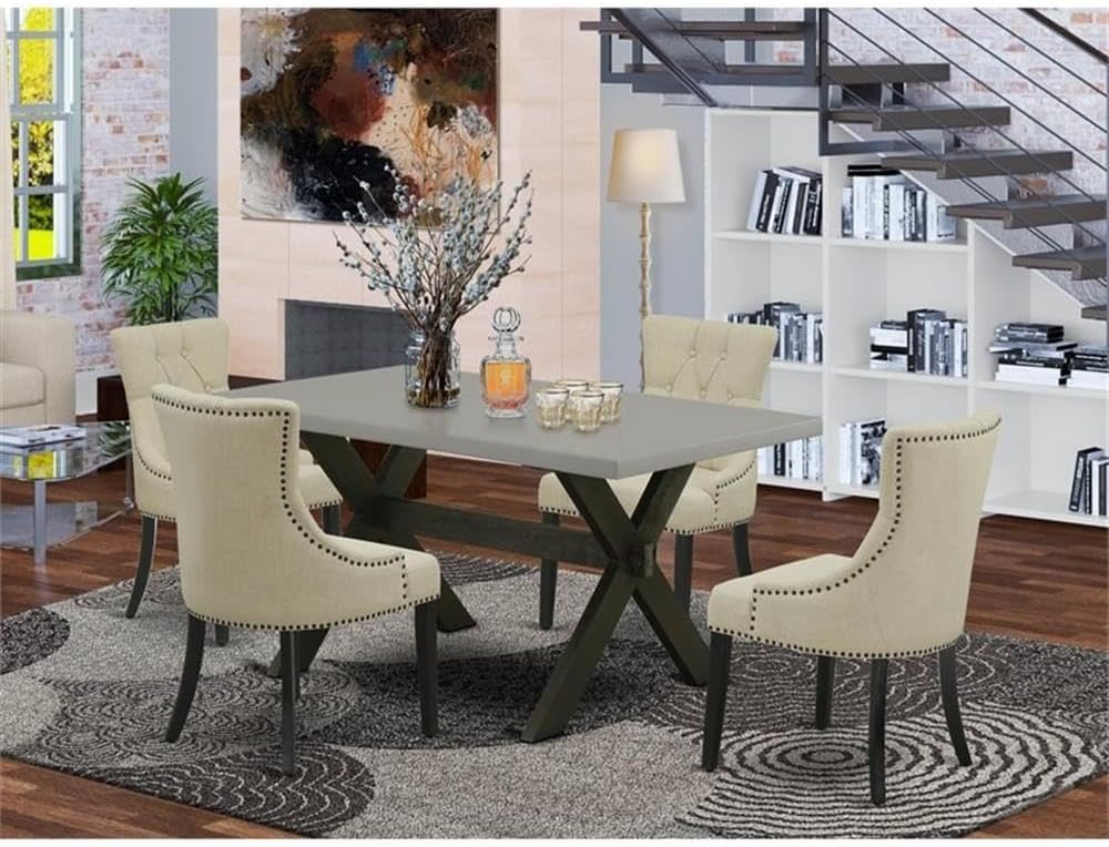 East West Furniture X696FR102-5 5 Piece Dining Set Includes a Rectangle Dining Room Table with X-Legs and 4 Light Beige Linen Fabric Upholstered Chairs, 36x60 Inch, Multi-Color