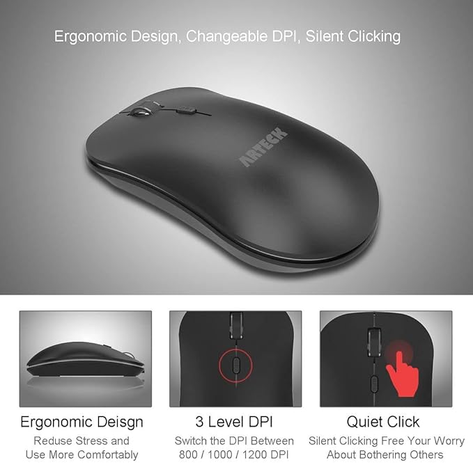 Arteck 2.4G Wireless Keyboard and Mouse Combo HW193MW162 Stainless Ultra Slim Full Size Keyboard and Ergonomic Mouse for Computer Desktop PC Laptop and Windows 11/10/8/7 Build in Rechargeable Battery