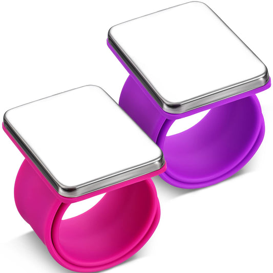 WILLBOND Magnetic Sewing Pincushion Wristband, 2 Pieces, with Flannelette Bag, Silicone Bracelet, Rose Red, Purple