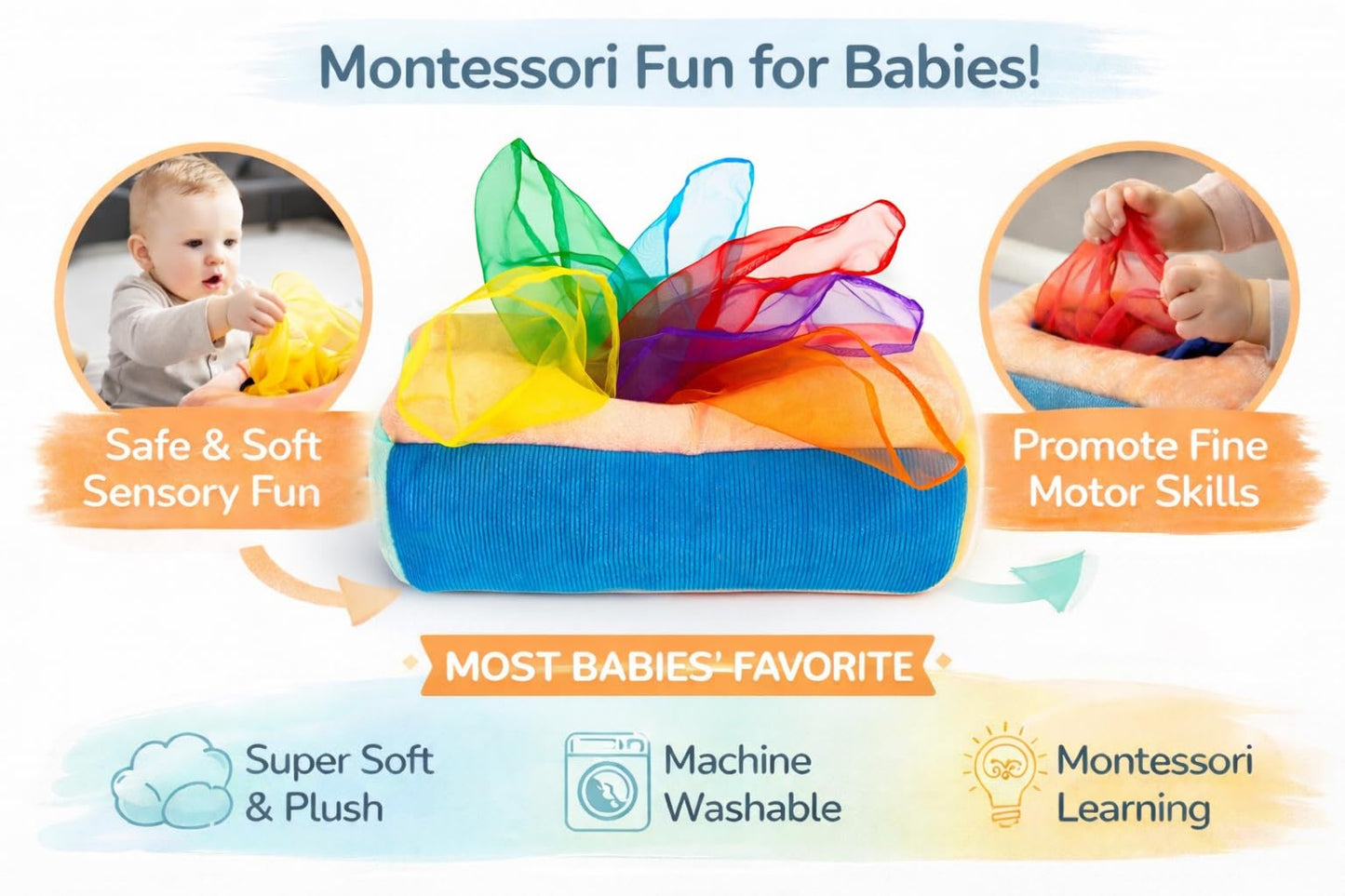 Baby Tissue Box Toy - Montessori Play for Infants and Toddlers - Sensory Textured Box with 12pcs Matching Colorful Scarves and 3pcs Crinkle Paper