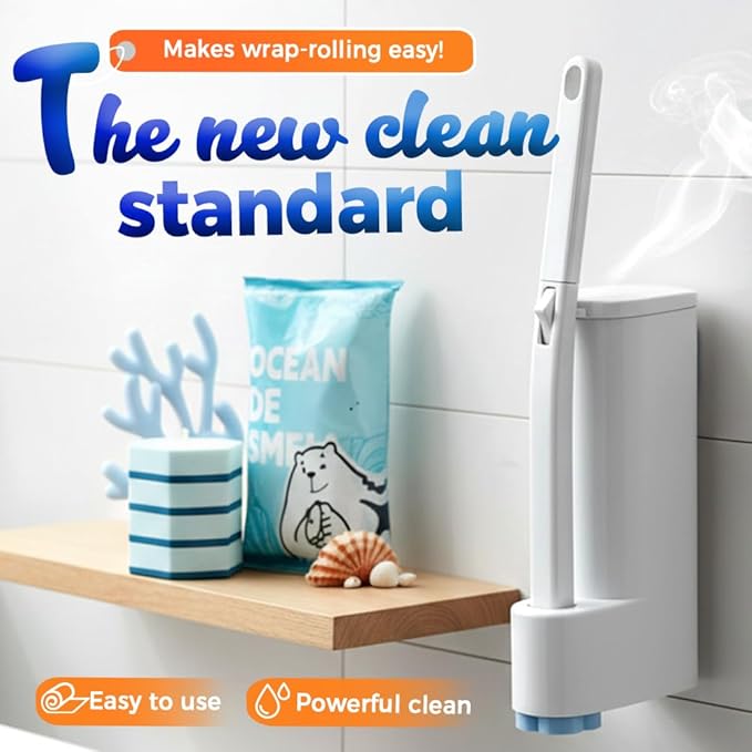Disposable Toilet Cleaning System, 15.7'' Extended Handle Toilet Bowl Cleaner Wand, Wall Mounted Toilets Brush Holder & Refills Set, Toilets Cleaning Tool for Bathroom (28, Ocean)