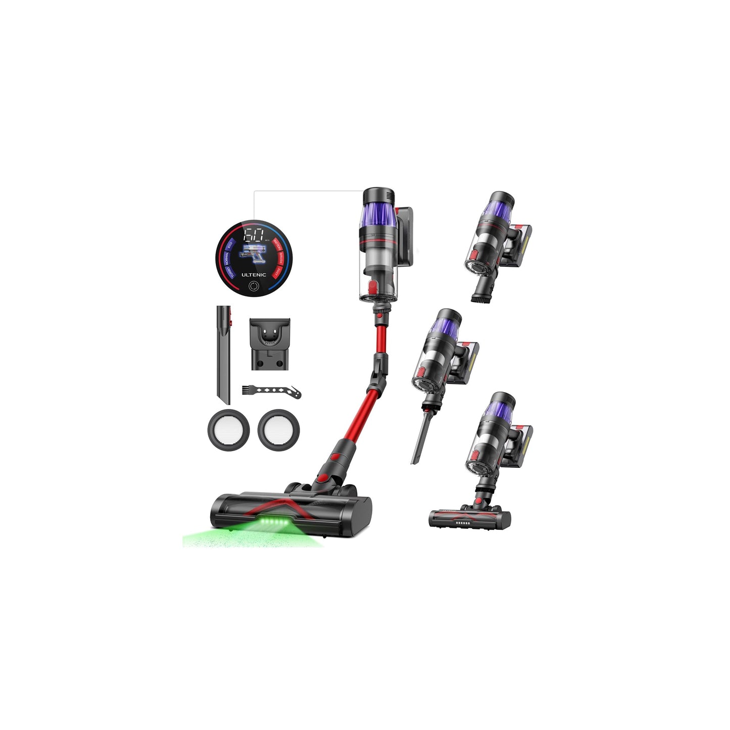 Ultenic Cordless Vacuum Cleaner, 550W/50Kpa, 60Mins Runtime, 180Bendable Wand, Anti-Tangle Brush, Stick Vacuum Cordless with Cha