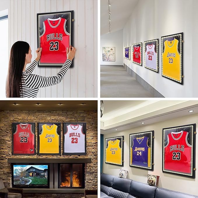 Nice C Jersey Frame Display Case with Lights, Jersey Shadow Box Display Cases, Football Jersey Display Case with LED, 98% UV Protection, Valet Pinboard, Acrylic, Basketball (LED 4 Pack)