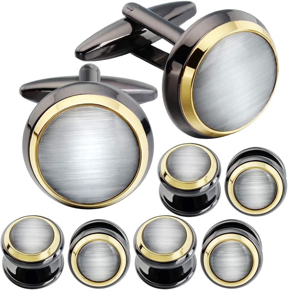 HAWSON Cufflinks and Studs for Men-Fashion Men Vintage Enamel Carbon Fiber Tuxedo Shirt Cufflinks and Studs Set for Regular Wedding Business Accessories