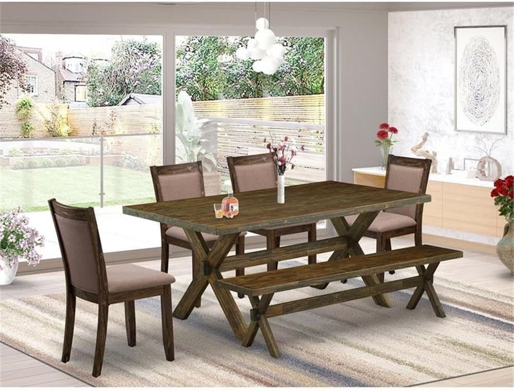 East West Furniture X777MZ748-6 6 Piece Modern Dining Table Set Contains a Rectangle Wooden Table with X-Legs and 4 Coffee Linen Fabric Parson Chairs with a Bench, 40x72 Inch, Multi-Color