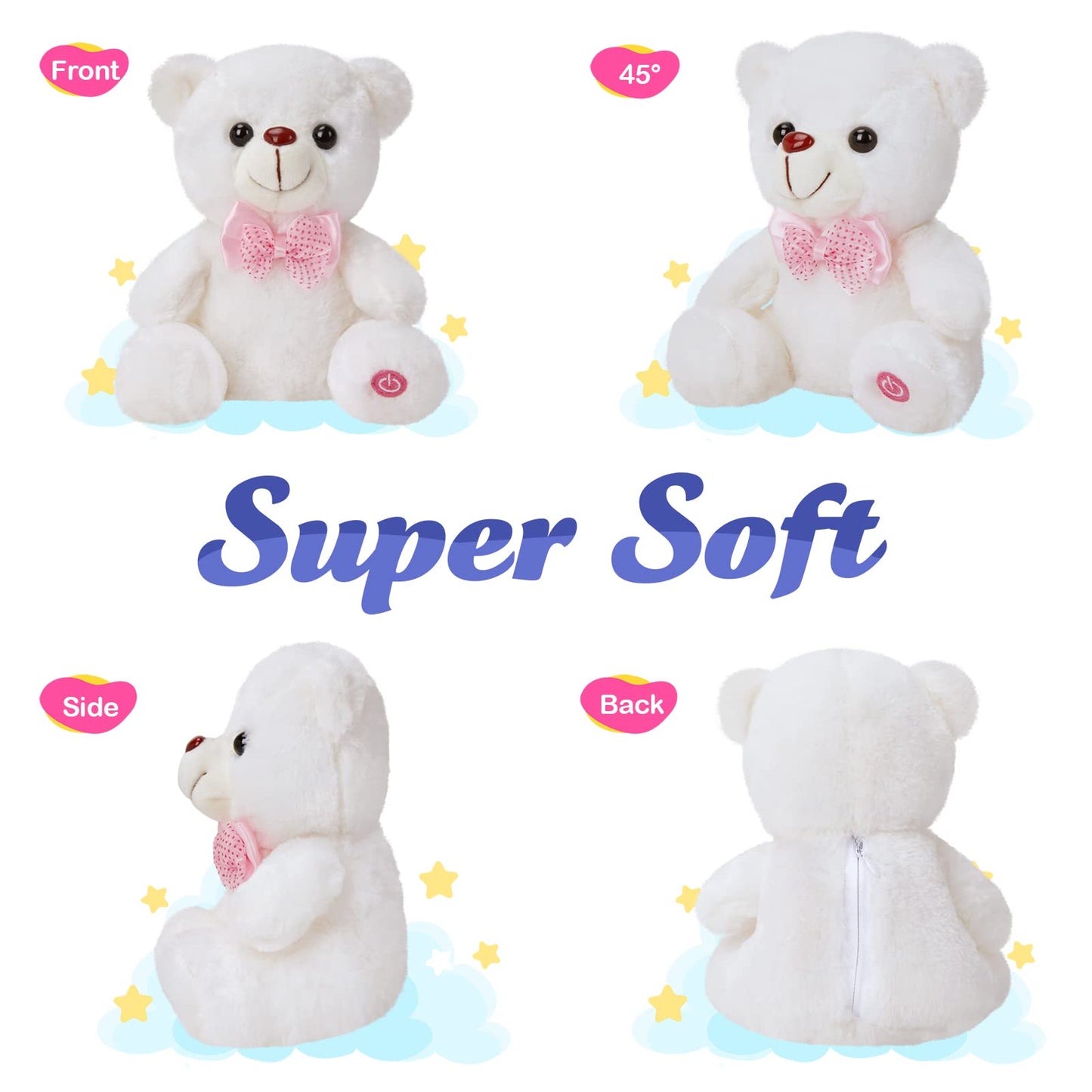 BSTAOFY Light up White Teddy Bear LED Stuffed Animal Soft Nightlight Glow Bear Plush Toy Gifts for Kids Mom Girls Birthday Christmas, 8" (White)
