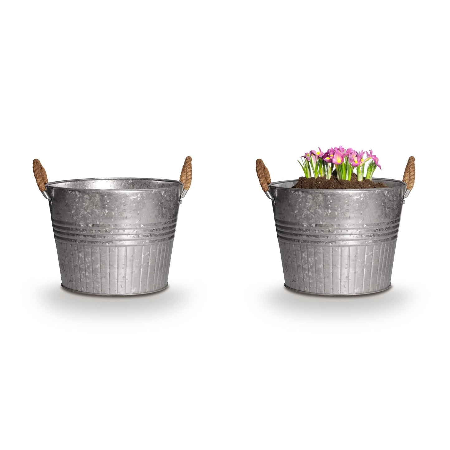 Headwind Decorative Planter - Round Galvanized Bucket w/Rope Handles – 10 Inch Metal Tub Bucket Planter for Outdoor Plants w/Drainage Hole – Galvanized Large Outdoor Planters Buckets by Robert Allen