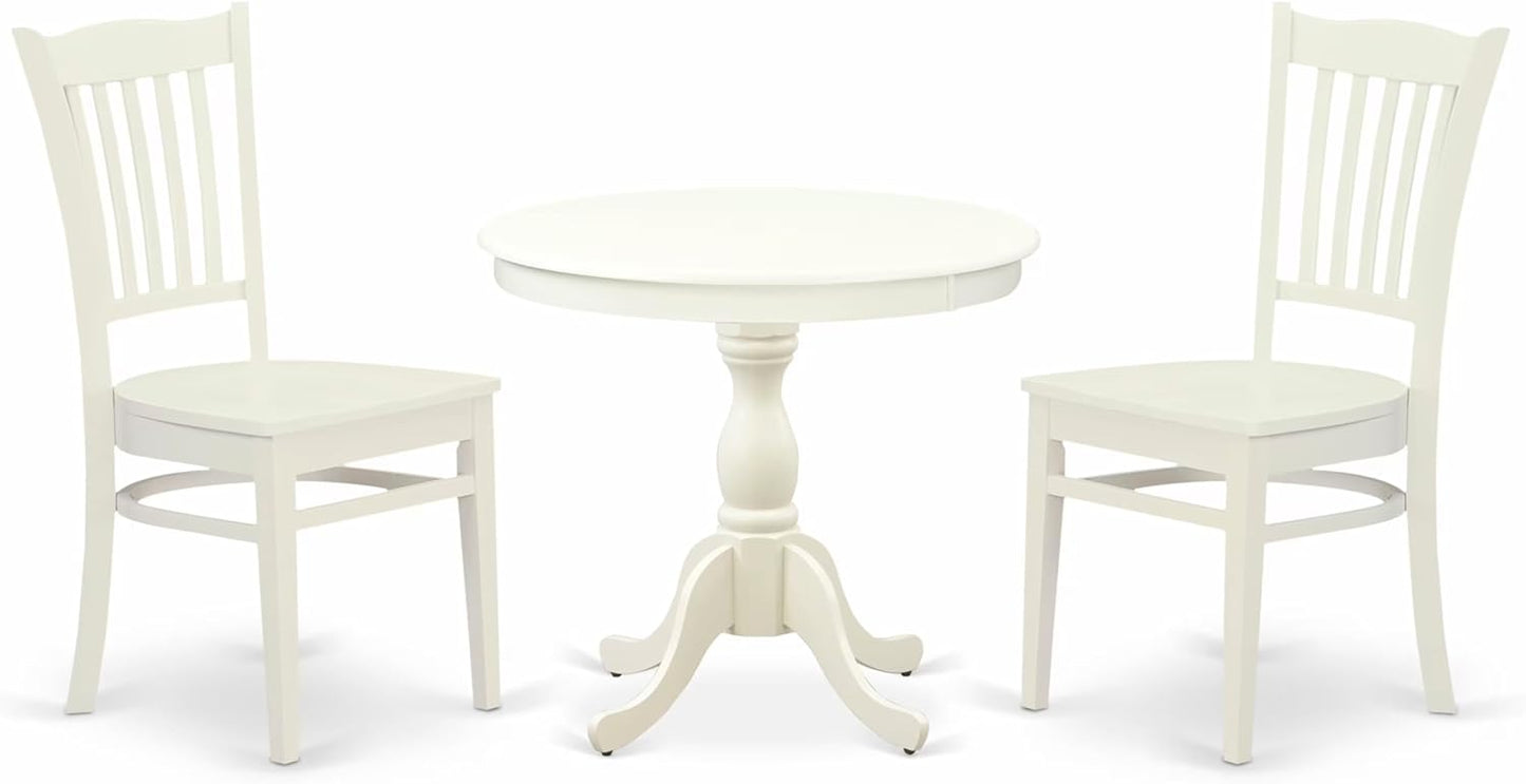 East West Furniture AMGR3-LWH-W 3 Piece Dinette Set for Small Spaces Contains a Round Kitchen Table with Pedestal and 2 Dining Room Chairs, 36x36 Inch, Linen White