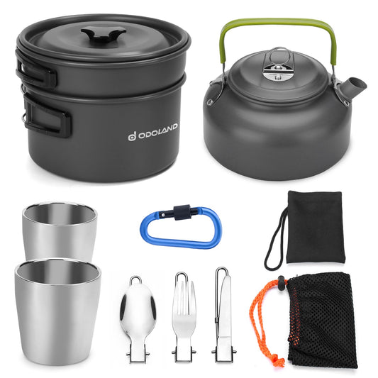 Odoland Camping Cookware Mess Kit, Lightweight Pot Pan Kettle with 2 Cups, Fork Spoon Kit Stainless Steel, gray for Backpacking, Outdoor Camping Hiking and Picnic