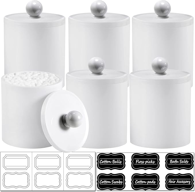 SheeChung 6 Pack Qtip Dispenser Apothecary Jars Bathroom with Labels - Qtip Holder Storage Canister Clear Plastic Acrylic Jar for Cotton Ball/Swab/Rounds,Floss Picks, Hair Clips (White)