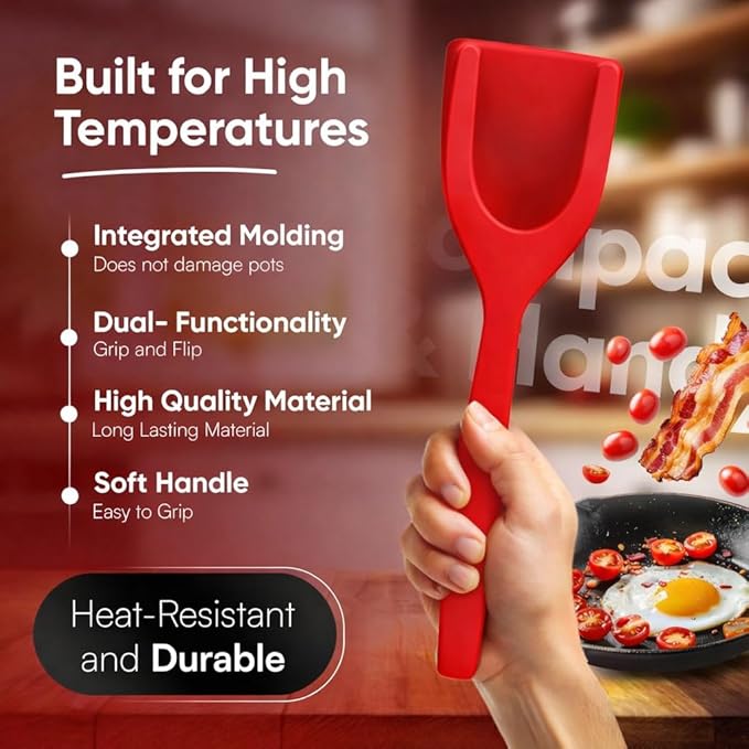 Egg Flipper Spatula Tongs (Set of 2) – Non-Stick 2-in-1 Grip & Flip Kitchen Tongs for Pancakes, Fish, Eggs, and More – Heat Resistant Cooking Tool (Black + Red)
