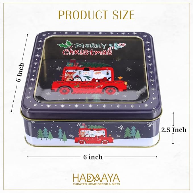 Square Christmas Tin Bundle – Set of 3 Holiday Cookie & Gift Tins (Green Tree, Red Snowflake, Blue Snowflake Truck) – Festive Containers for Cookies, Candy, Treats & Seasonal Gifting