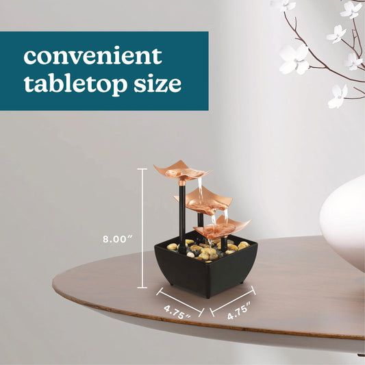 Homedics Tabletop Water Fountain, 3 Tier Indoor Waterfall Fountain with Natural River Rocks, Quiet Pump for Relaxation, Zen Home & Office Desk Décor, AA Battery Powered