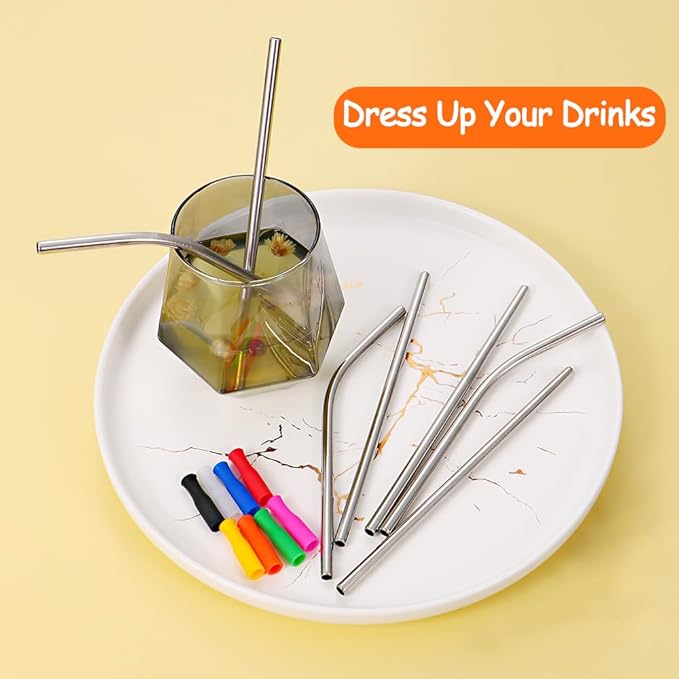 Lazycorner 16 Pcs Short Metal Straw, 6mm 5.5" 6.5" Kids Reusable Straw Silicone Tips Cleaner, Mini Small Stainless Steel Straws Fit 8 10 12 oz Tumbler/Wine Tumblers, Reusable Cocktail Straws(Silver)