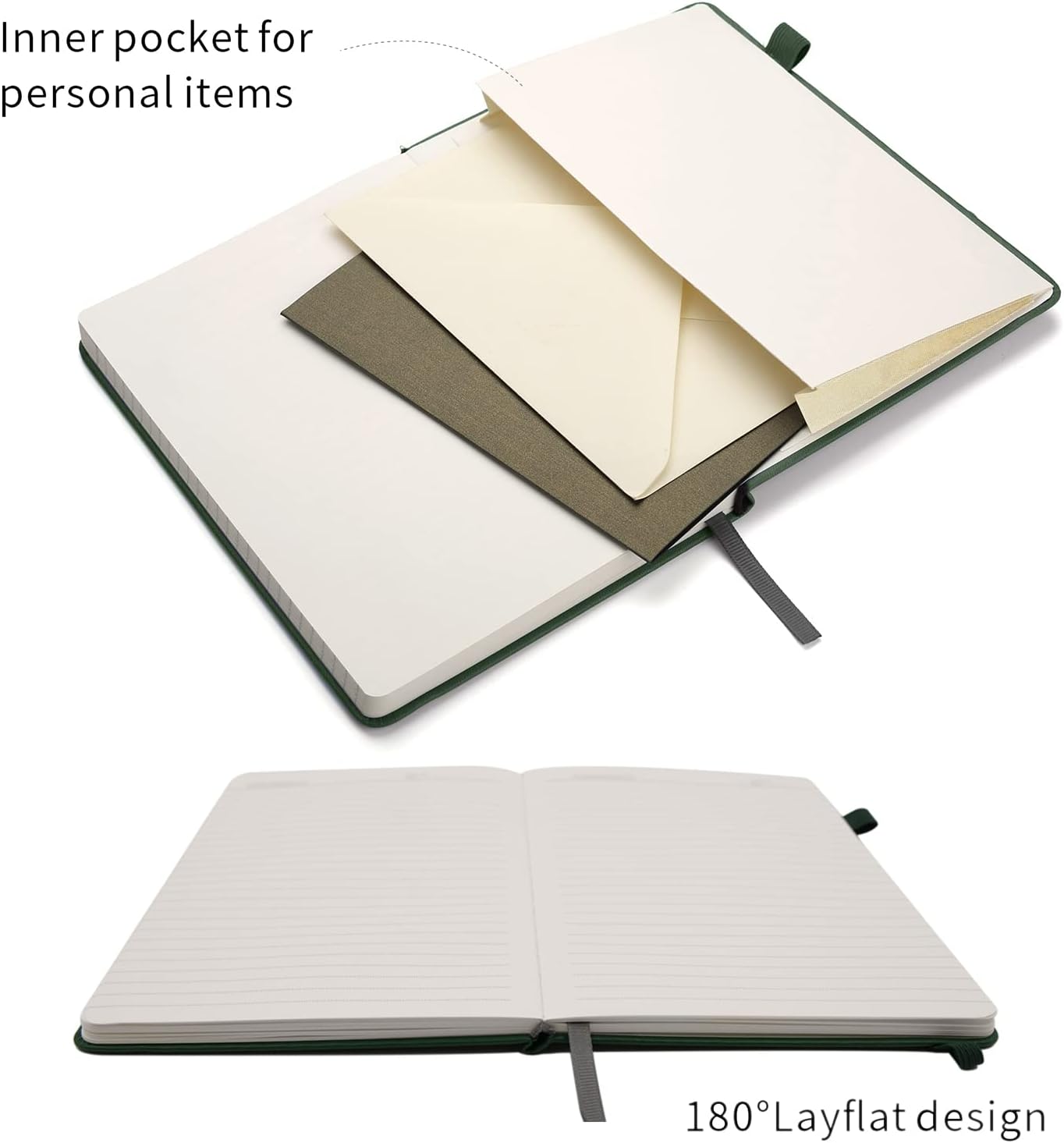 Deziliao Lined Journal Notebooks with Pen Loop, Hardcover Notebook Journal for Work, 100Gsm Premium Thick Paper with Inner Pocket, Medium 5.7"x8.4", （Dark-Green, Ruled）