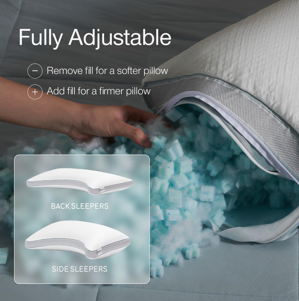 Coop Home Goods Cool+ Crescent Adjustable Pillow, Queen Size Plus Shaped Memory Foam Pillows with Cooling Gel, Neck Support, Back or Side Sleeper Pillow, CertiPUR US/GREENGUARD Gold
