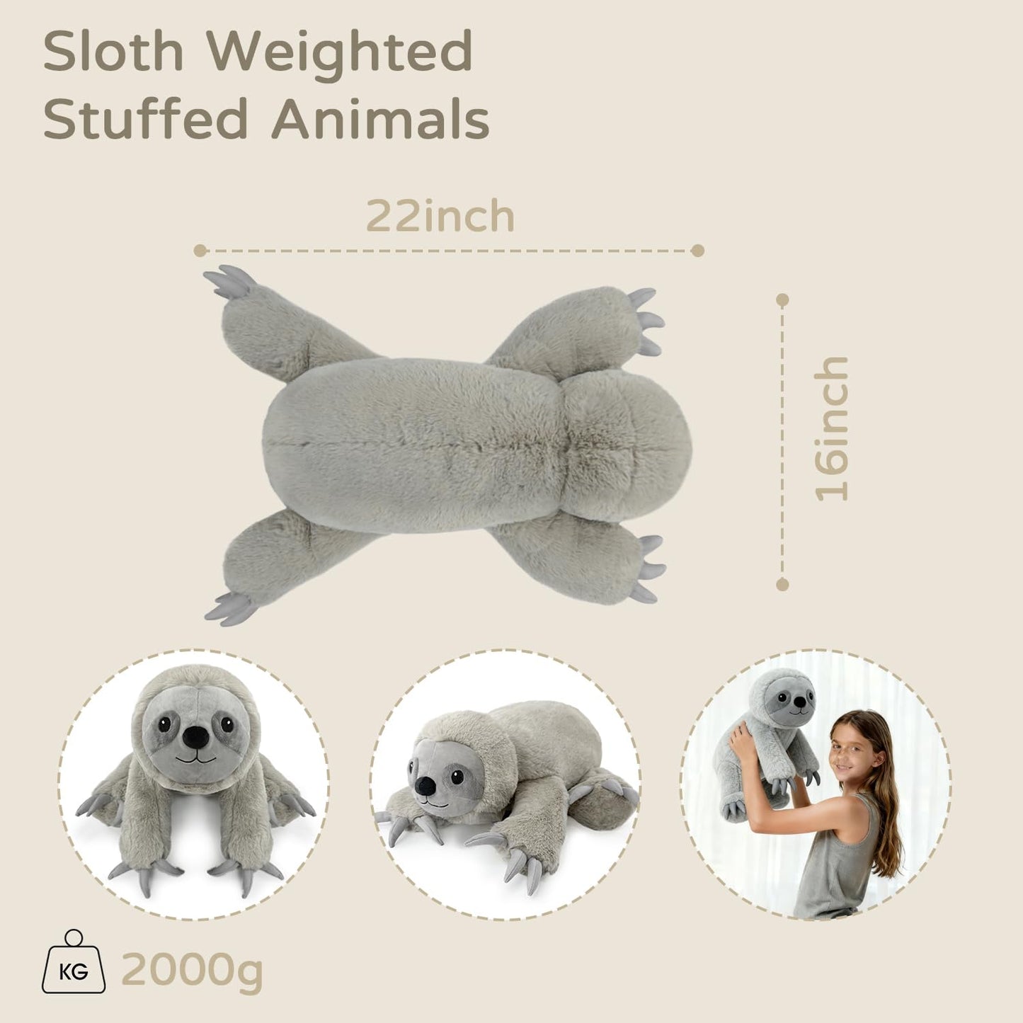 JUSTQUNSEEN 4.5 Lbs Weighted Stuffed Animals for Kids and Adults 22" Cute Sloth Shaped Toys Soft Weighted Plush Toys Gifts for Christmas Easter Birthday Holidays Ideal Huggable Plush Pillow (Sloth)