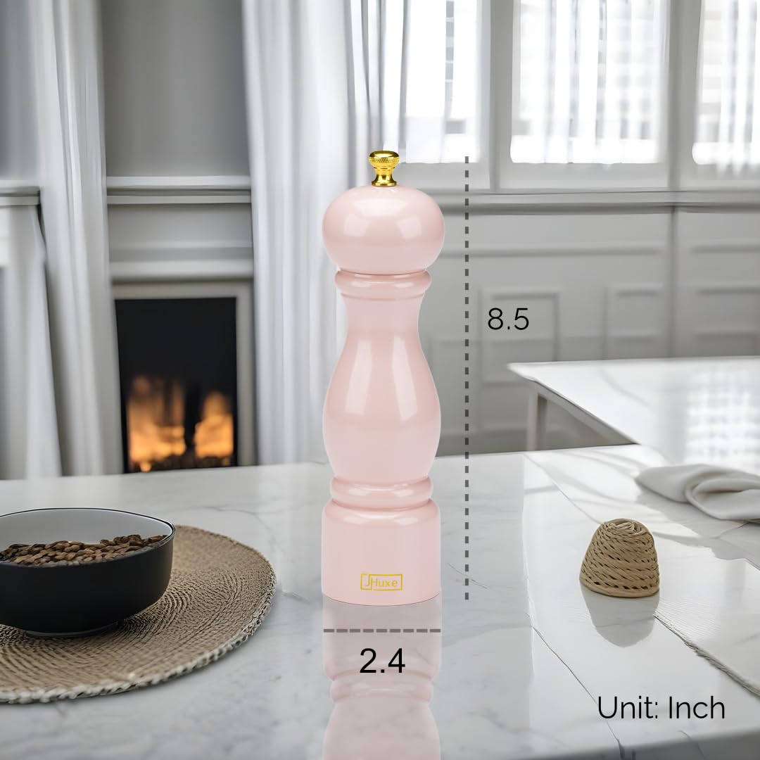 JHuxe Rose Pink Salt Pepper Grinder Mill, 8 Inch Classic Wood Manual Salt Pepper Grinder, Adjustable Wooden Peppermill, Refillable Pepper and Salt Mill, Best Mama's Day Gifts for Mom from Daughter Son
