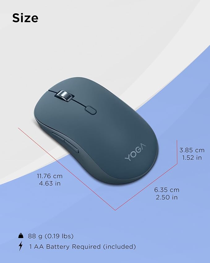 Lenovo Yoga Bluetooth Silent Mouse, 3 Level DPI Adjustment, 36 Month Battery Life, Bluetooth 5.3, 3 Device Paring, Whisper Quiet, Programmable Buttons, Smooth Finish, Tidal Teal