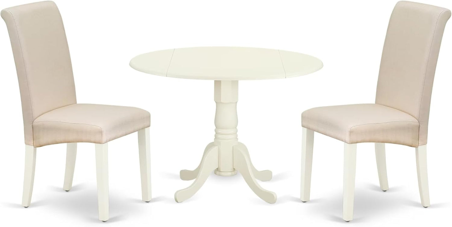 East West Furniture DLBA3-WHI-01 3 Piece Modern Dining Table Set Contains a Round Wooden Table with Dropleaf and 2 Cream Linen Fabric Upholstered Parson Chairs, 42x42 Inch, Linen White