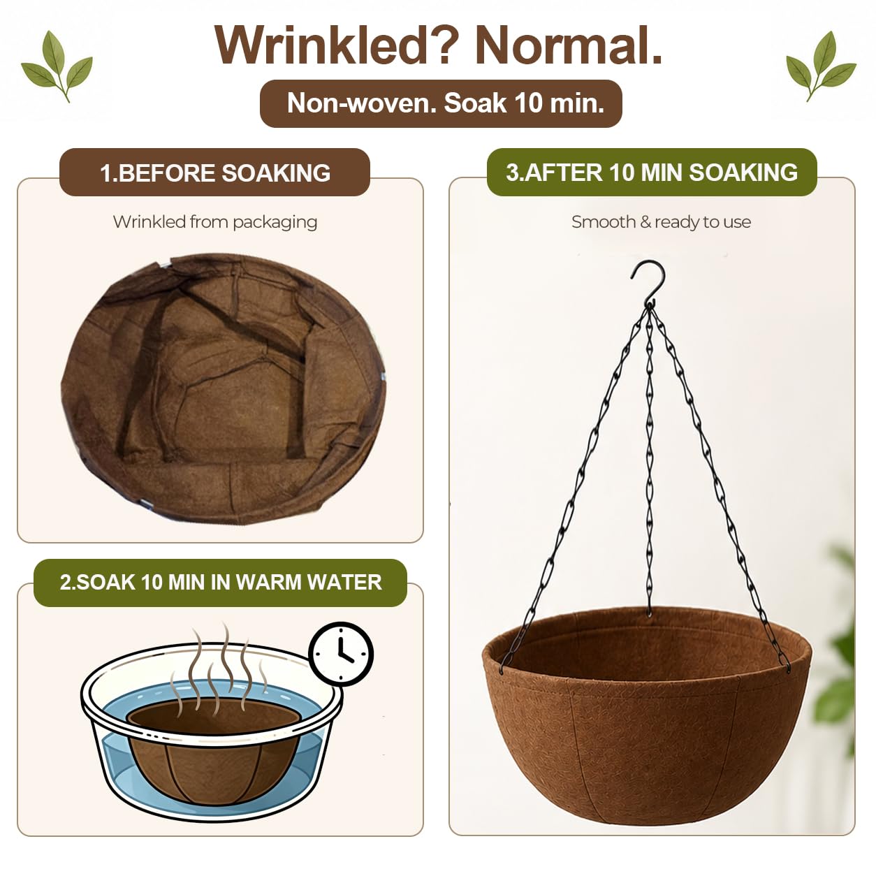 T4U Hanging Planters for Outdoor Plants, 10 Inch 4 Pack Fabric Hanging Baskets with Drainage Tray, Decorative Hanging Pots for Plants Outdoor Patio Porch Garden Use（Brown）