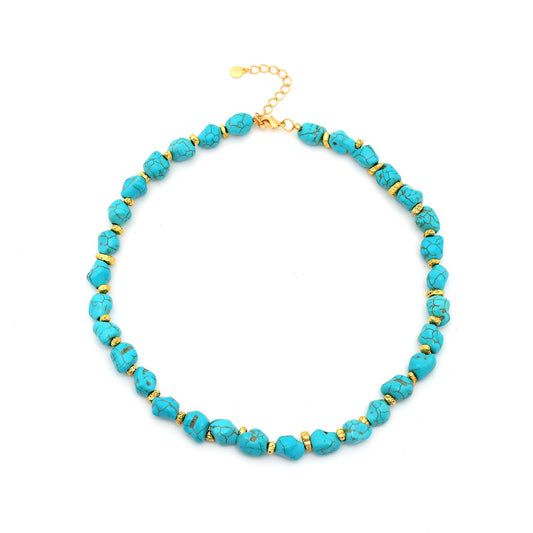 Chunky Turquoise Necklace, 18K Gold Chunky Turquoise Beaded Statement Necklaces for Women Handmade Boho Natural Stone Bohemian Summer Beach Bead Necklace Blue Trendy Western Jewelry 17 Inches