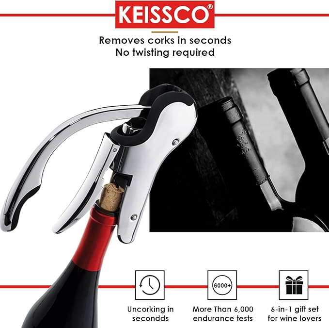 Stainless Steel Wine Opener Set - Compact Vertical Corkscrew Wine Bottle Opener Gift Set with Foil Cutter, Aerator Pourer, Vacuum Pump and 2 Wine Stoppers, Wine Gift Set for Home Party Bar