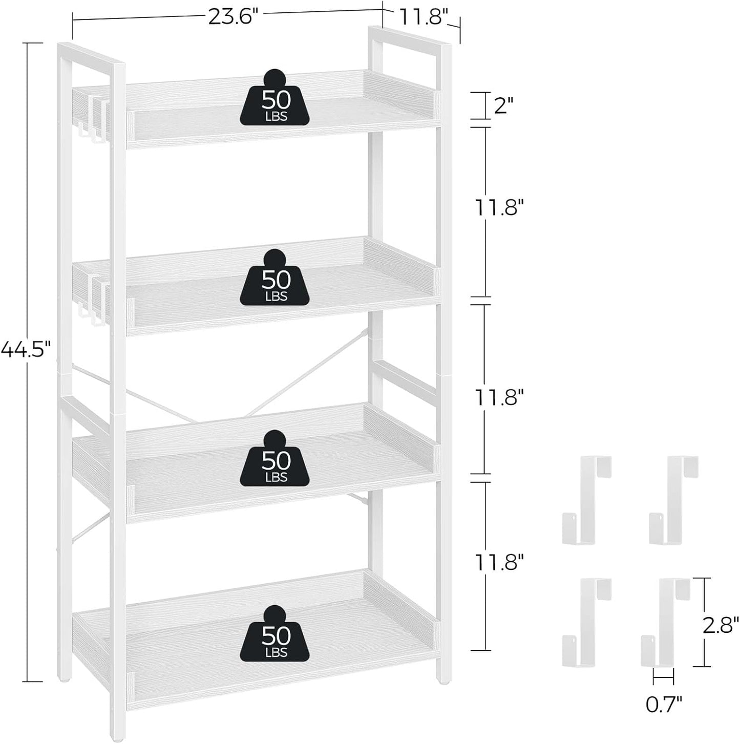 Rolanstar Bookshelf 4 Tier with 4 Hooks, Industrial Bookcase, Vintage Storage Rack with Open Shelves, Rustic Standing Bookshelves Metal Frame Display Rack for Living Room, Bedroom, White