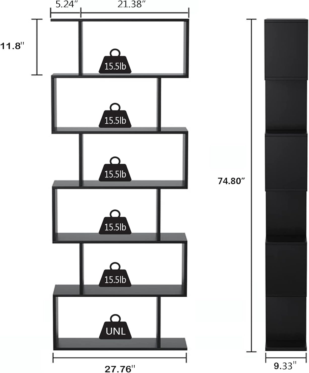 Yusong Bookshelf 6-Tier, Geometric Bookcase S Shaped Book Shelves for Bedroom, Modern Wood Decorative Display Shelf Tall Book Case for Home Office, Black