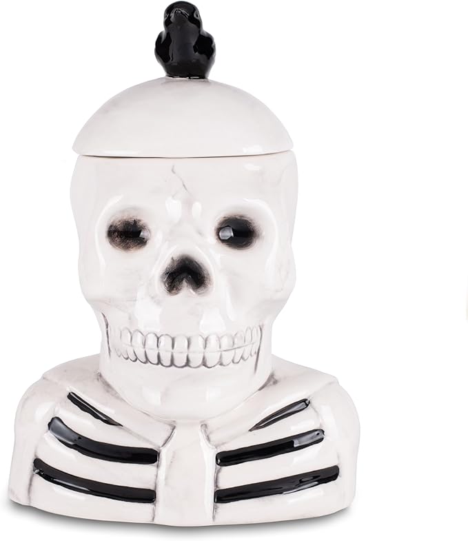 Dolomite Ceramic 12 x 8.5 Halloween Cookie & Candy Jar with Airtight Lid: Perfect for Kitchen Canisters, Pet Treat Containers & Fall Decorative Candy Dish, Skeleton with a Crow