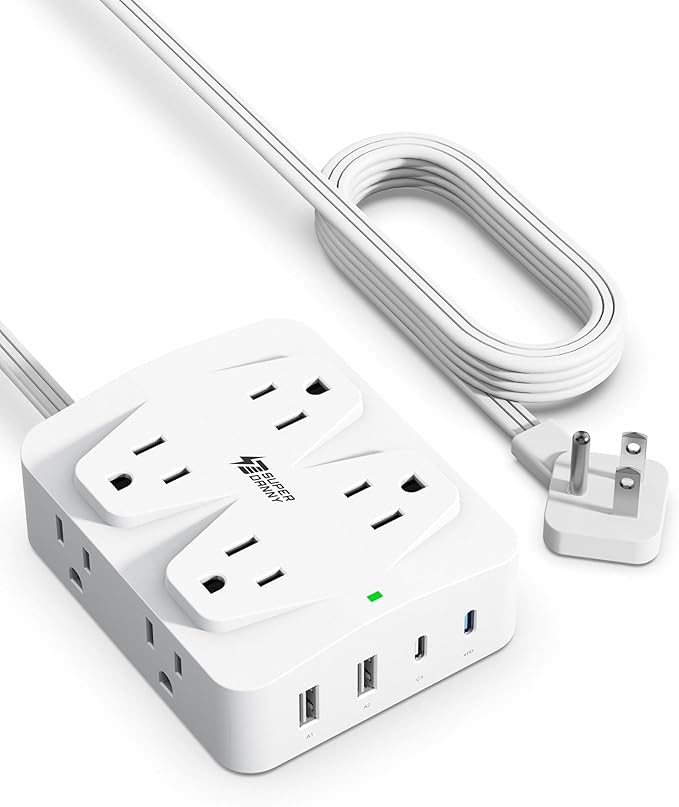35W Fast Charging SUPERDANNY 4-Outlet 4-USB Power Strip with 20W C Port Fast Charge–6FT Extension Cord, Surge Protector 1080J, Overload Switch, Mountable, for Home, Office, School, Dorm - White