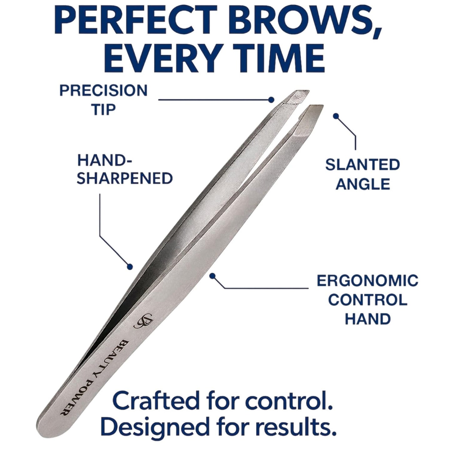 Beauty Power Slant Tip Precision Tweezers - Stainless Steel Eyebrow Tweezers for Women & Men - Precision Tweezers for Facial Hair, Ingrown Hair & Brow Shaping - Professional Beauty Tool (Grey)