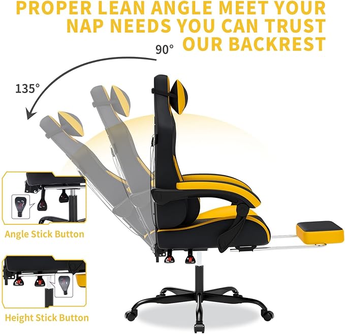 Gaming Chair with Massage,Ergonomic PC Gaming Chair with Footrest Comfortable Headrest and Lumbar Support,High Back Game Chair PVC Leather,300LBS (BlackYellow)