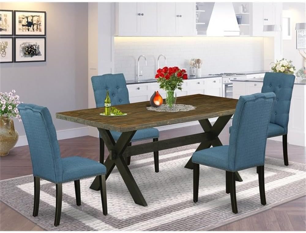 East West Furniture X677EL121-5 5 Piece Modern Dining Table Set Includes a Rectangle Wooden Table with X-Legs and 4 Blue Linen Fabric Upholstered Chairs, 40x72 Inch, Multi-Color