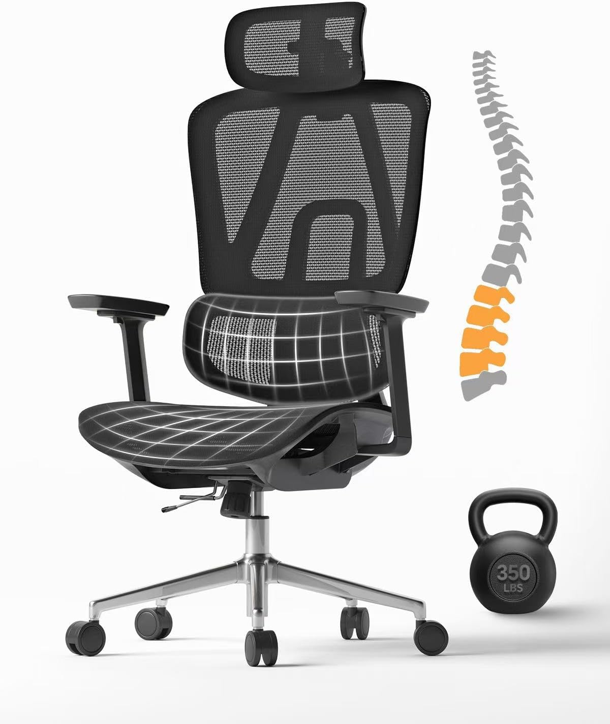 Ergonomic Office Chair with 3D Lumbar Support/Headrest/Armrest/, Mesh Executive Office Chair with Seat Depth & Height Adjustment, Big and Tall Desk Chair with 3-Gear Lock Recline for Long Hours