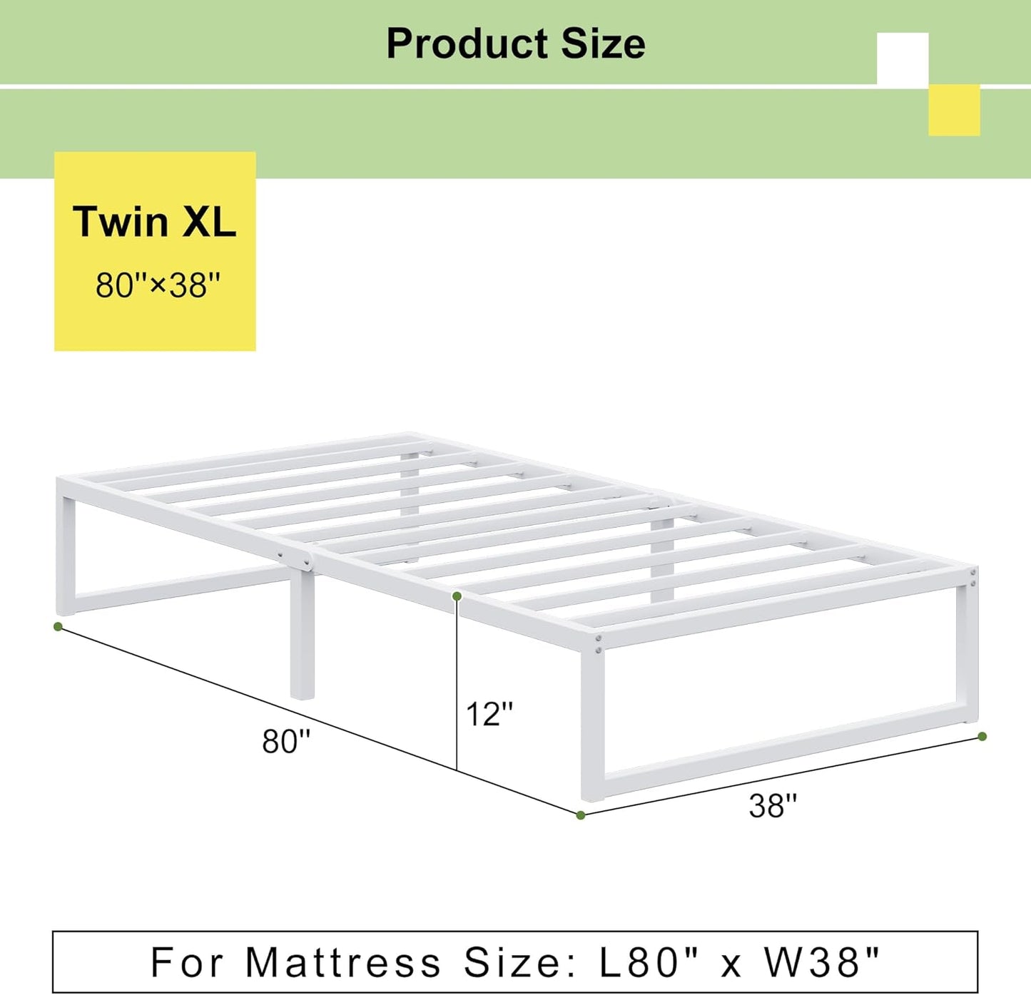 EMODA 12 Inch Twin XL Bed Frame, Metal Platform White Bed Frame No Box Spring Needed, Heavy Duty Steel Slats Support, Easy Assembly, Noise Free