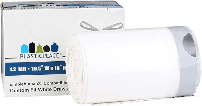 Plasticplace Custom Fit Trash Bags, Compatible with Simplehuman Code R (100 Count) White Drawstring Garbage Liners 2.6 Gallon/ 10 Liter 16.5" x 18"