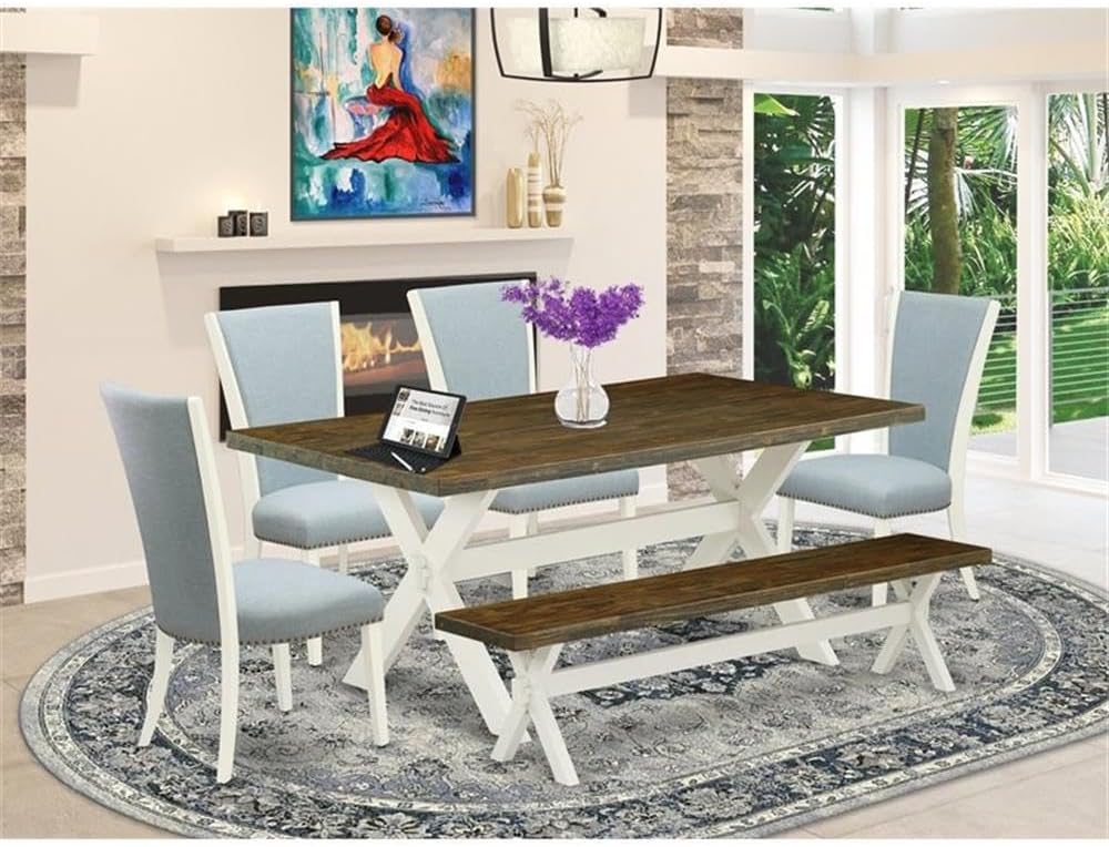 East West Furniture X077VE215-6 6 Piece Dining Table Set Contains a Rectangle Dining Room Table and 4 Baby Blue Linen Fabric Upholstered Chairs with a Bench, 40x72 Inch, Multi-Color