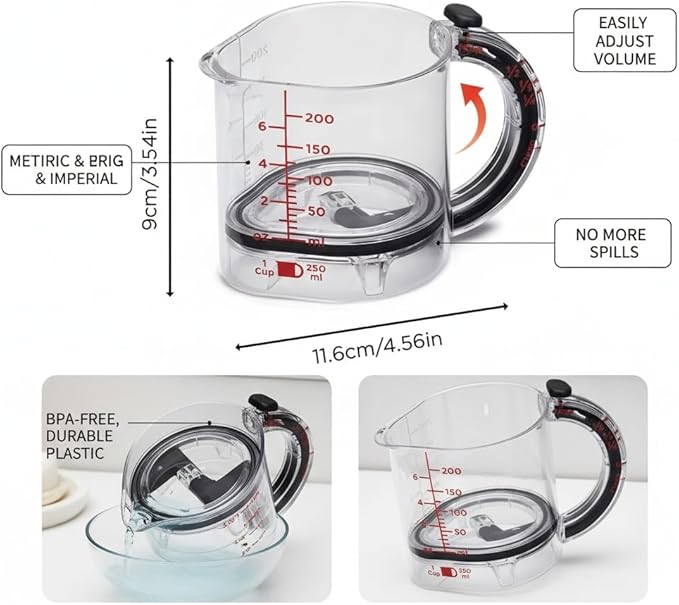 4-in-1 Adjustable Measuring Cup with Scraper Lid & Push-Up Base, Multi-function 1 Tbsp to 1 Cup Kitchen Tool for Sticky Ingredients, Baking & Cooking, Space Saving Design (Size Options) (2)