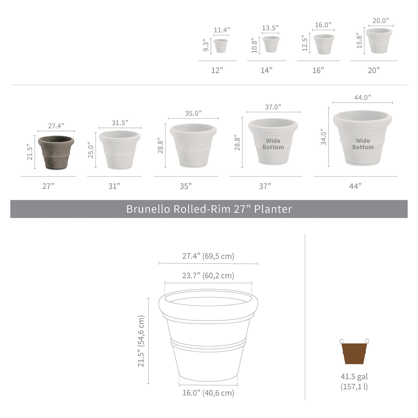 Crescent Garden Brunello Classic Rolled Rim Planter, Indoor/Outdoor Weather-Safe Round Plant Pot, Large Plastic Flowerpot for Flowers, Faux Plants, Trees - 27'' W (Parchment)