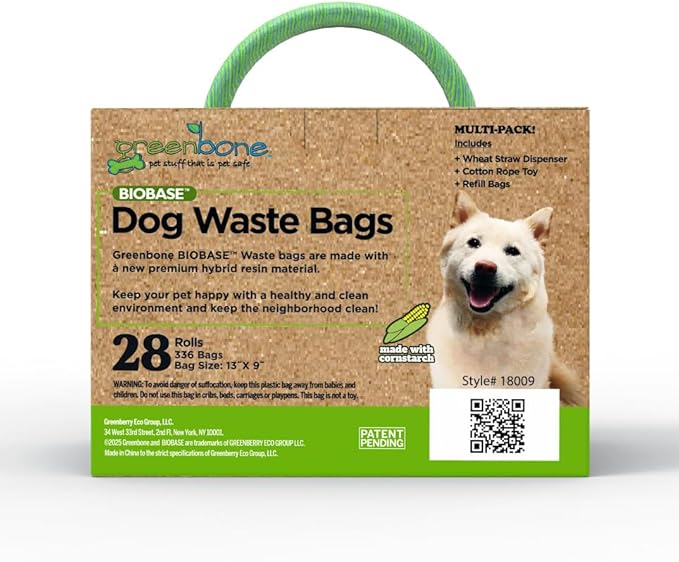 Greenbone BioBase Green Dog Poop Bag Refills: 28 Rolls - 336 Bags with Dispenser and Rope Toy Handle- Dog Gift Set