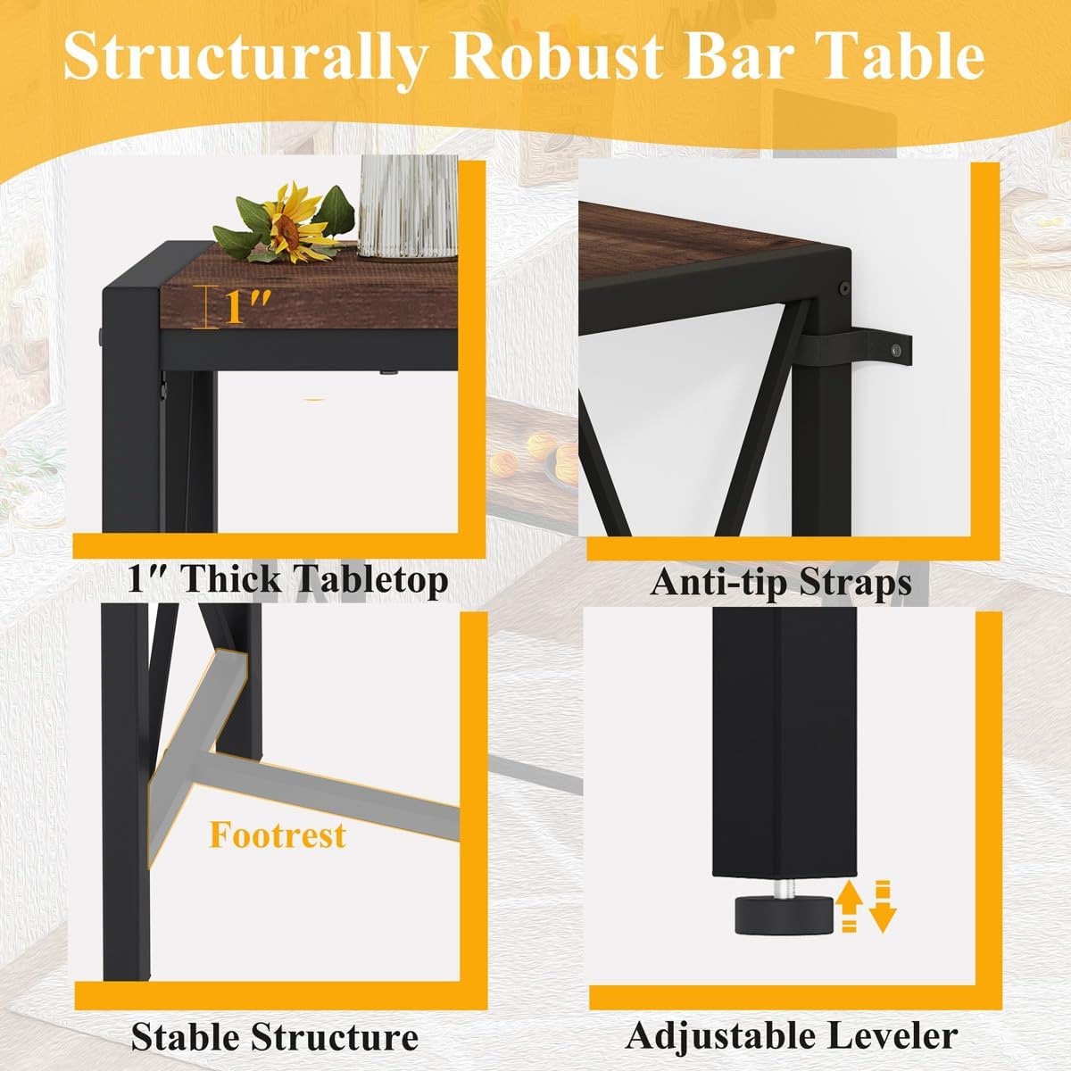 BON AUGURE Bar Table, 55 in Counter Height Pub Tables, Rectangular Tall Behind Couch Sofa Table, High Top Wood Console Tables for Home, Living Room, Kitchen (Rustic Oak, 36.6)