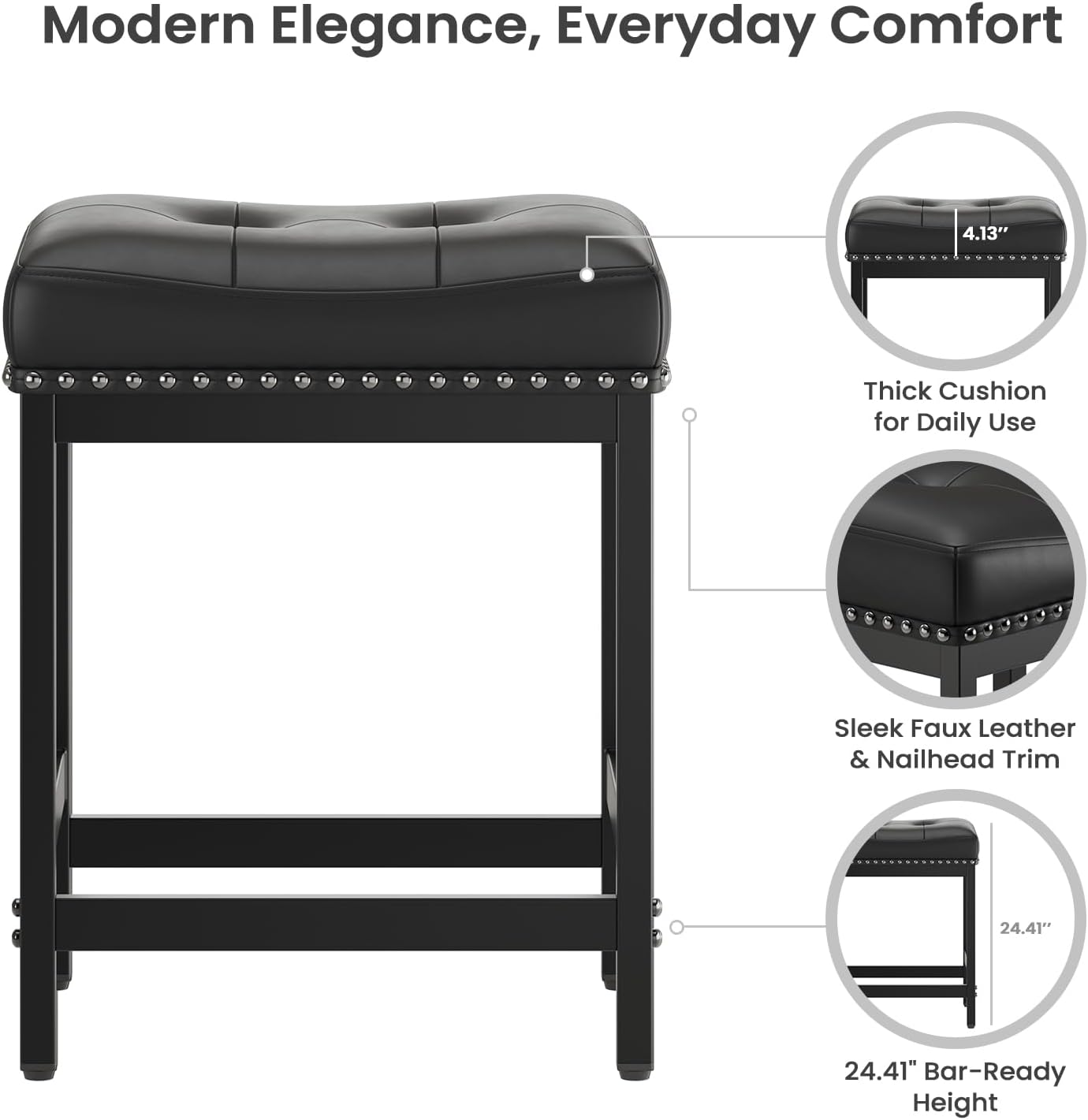 MALOL Set of 3 Saddle Bar Stools Counter Height 24.4”, Black Backless Barstools for Kitchen Island, Modern PU Leather Cushioned Seat, Bar Chairs for Kitchen Counter, Breakfast Bar Stools for Home