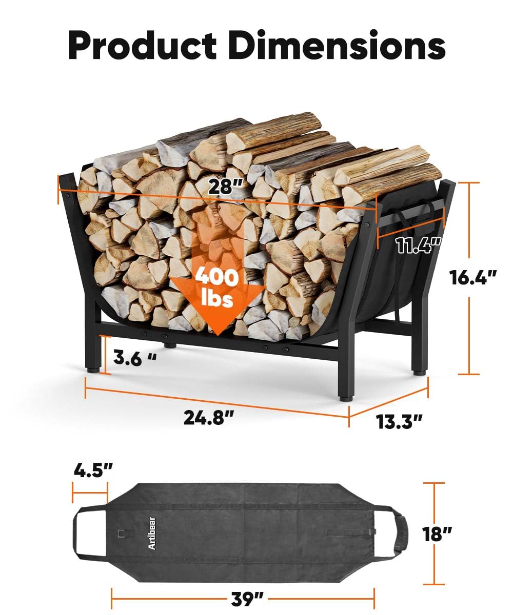 Artibear 28 Inch Firewood Rack with 900D Canvas Log Carrier Bag, Outdoor Indoor Log Holder for Fireplace, Heavy Duty Fire Wood Log Stand, Wood Pile Stacker Storage Organizer Tool for Patio Deck, Black