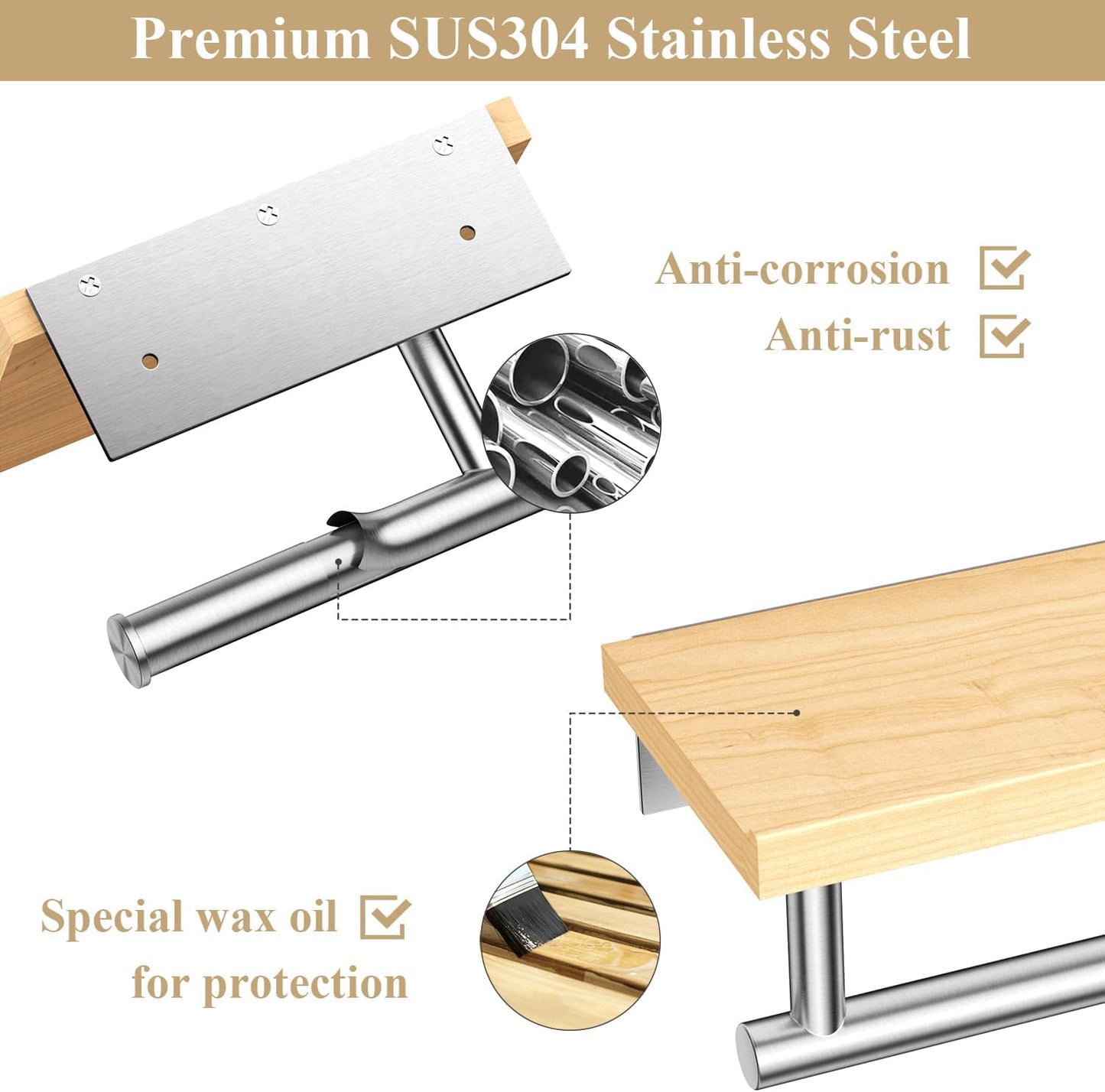 Tindbea Toilet Paper Holder with Wood Shelf, Wooden Wall Mount Tissue Paper Roll Holder, Brushed Nickel Stainless Steel Bathroom Accessories Decor for Home (Maple, Brushed Nickel)