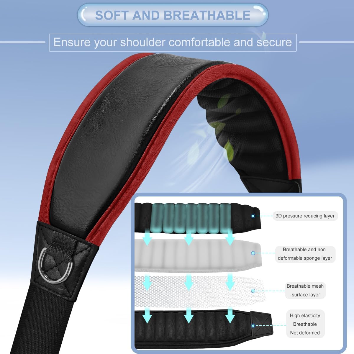 ZINZ 3D Air Cushion 58 inch Strap for Bags with Fixed Ultra-Thick Padded Breathable, Universal Strap with Double Adjustable Buckles and Swivel Hooks for D-ring Bags,Red edge